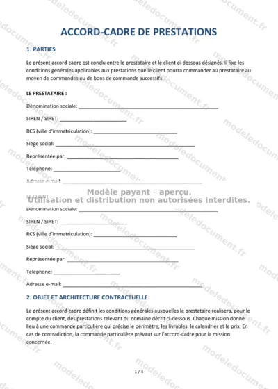 Accord-cadre de prestations — modèle à télécharger, aperçu de la page 1 sur 4