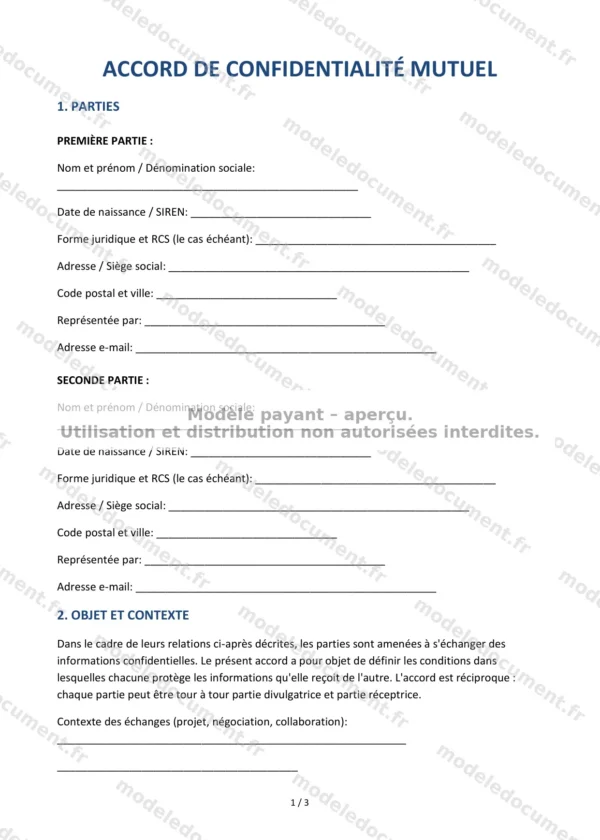 Accord de confidentialité mutuel — Modèle Word & PDF