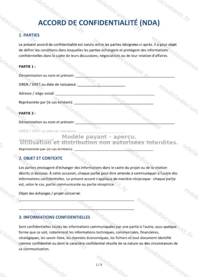 Accord de confidentialité (NDA) — modèle à télécharger, aperçu de la page 1 sur 3