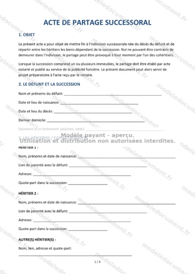 Acte de partage successoral — modèle à télécharger, aperçu de la page 1 sur 3