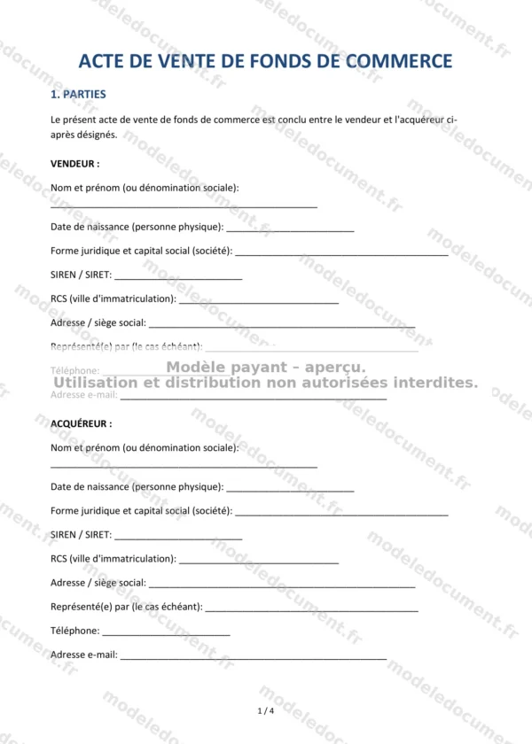 Acte de vente de fonds de commerce — Modèle Word & PDF