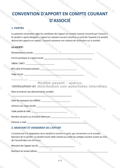 Convention d'apport en compte courant d'associé — modèle à télécharger, aperçu de la page 1 sur 3
