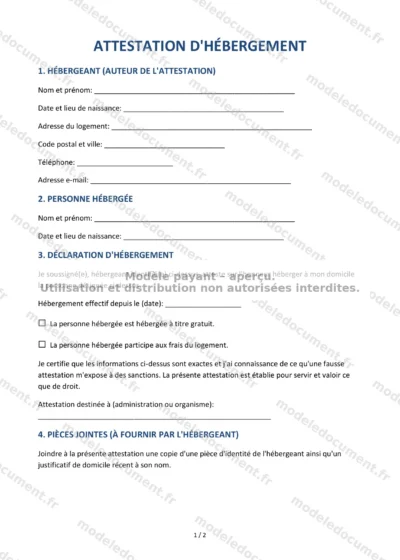 Attestation d'hébergement — modèle à télécharger, aperçu de la page 1 sur 2