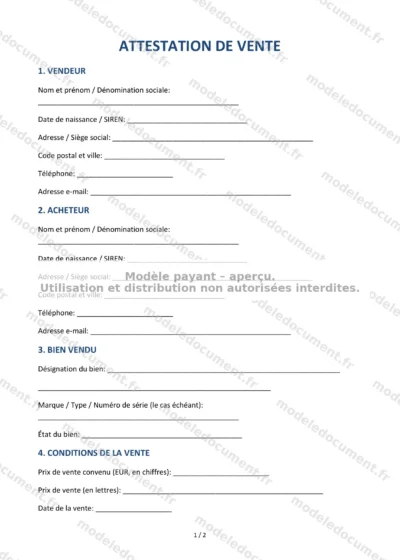 Attestation de vente — modèle à télécharger, aperçu de la page 1 sur 2