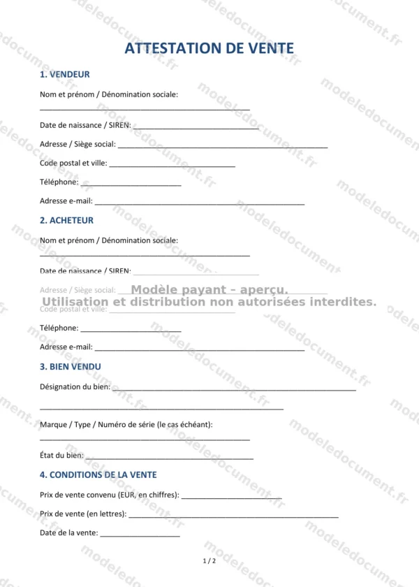 Attestation de vente — Modèle Word & PDF