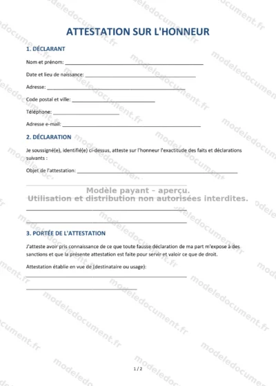 Attestation sur l'honneur — modèle à télécharger, aperçu de la page 1 sur 2