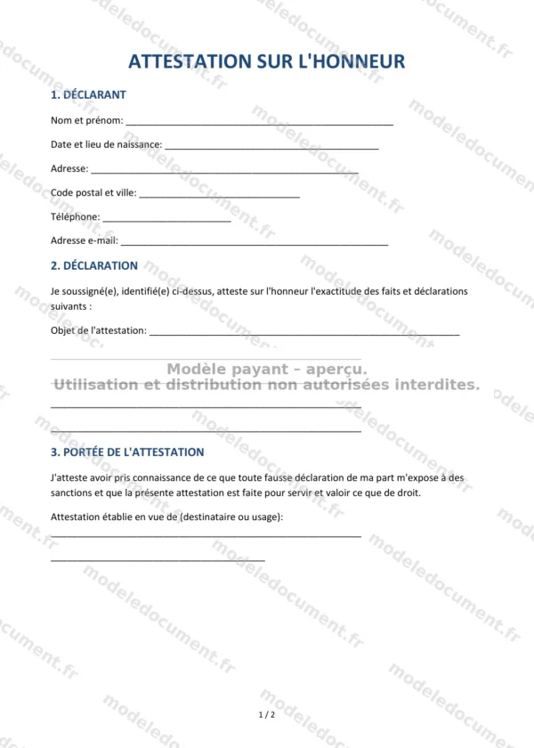 Attestation sur l&rsquo;honneur — Modèle Word & PDF