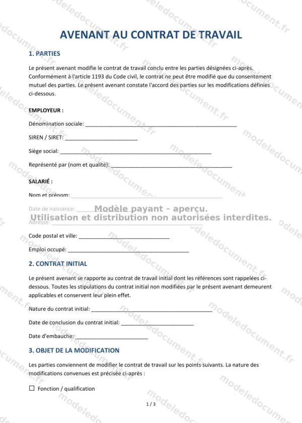 Avenant au contrat de travail — Modèle Word & PDF