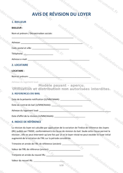 Avis de révision du loyer — modèle à télécharger, aperçu de la page 1 sur 2