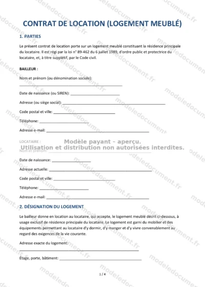 Contrat de location meublée (logement meublé) — modèle à télécharger, aperçu de la page 1 sur 4