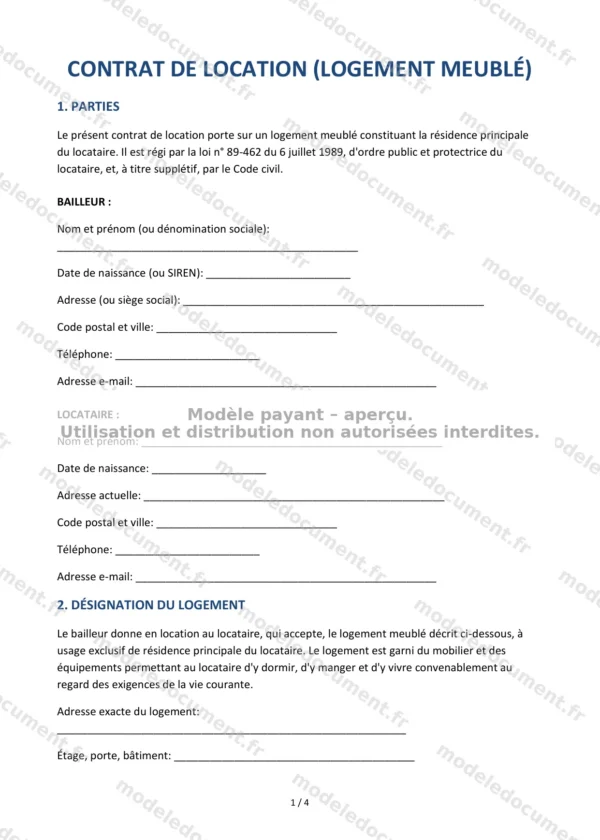 Contrat de location meublée (logement meublé) — Modèle Word & PDF