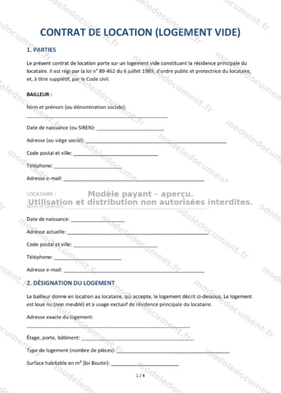 Contrat de location vide (logement non meublé) — modèle à télécharger, aperçu de la page 1 sur 4