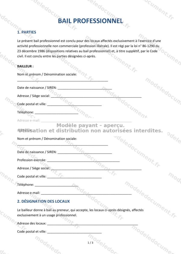 Bail professionnel — Modèle Word & PDF