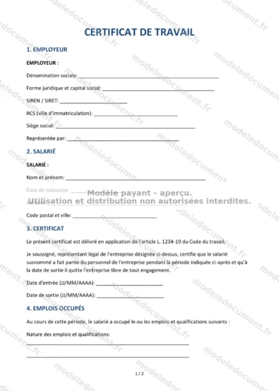 Certificat de travail — modèle à télécharger, aperçu de la page 1 sur 2