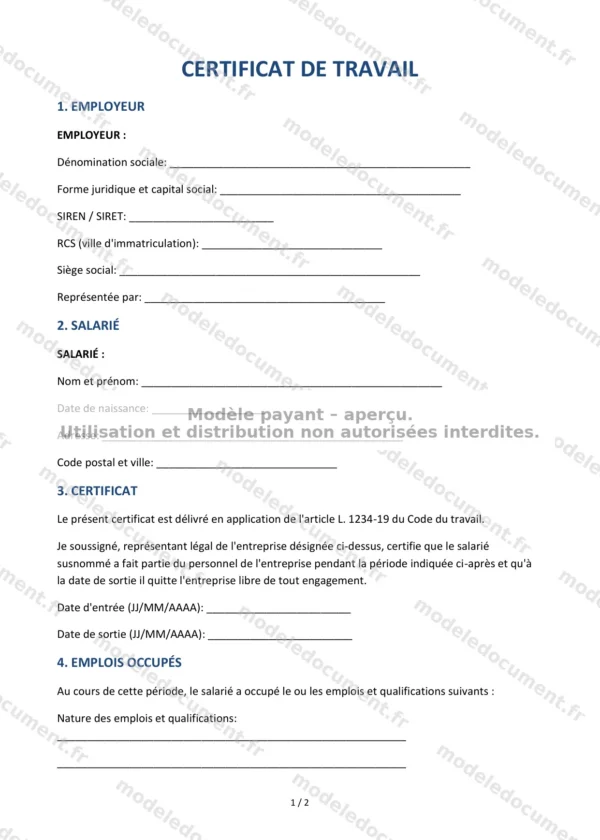 Certificat de travail — Modèle Word & PDF