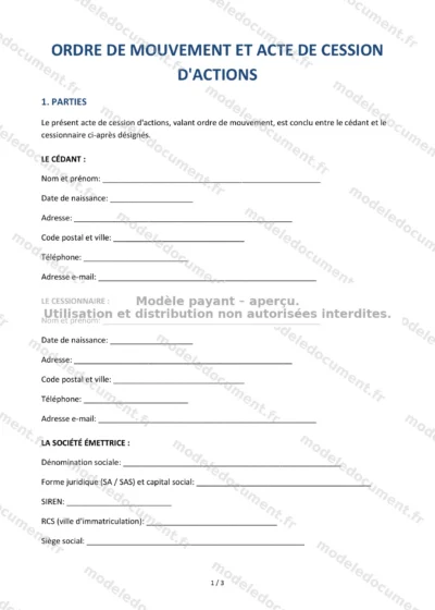 Acte de cession d'actions (ordre de mouvement) — modèle à télécharger, aperçu de la page 1 sur 3