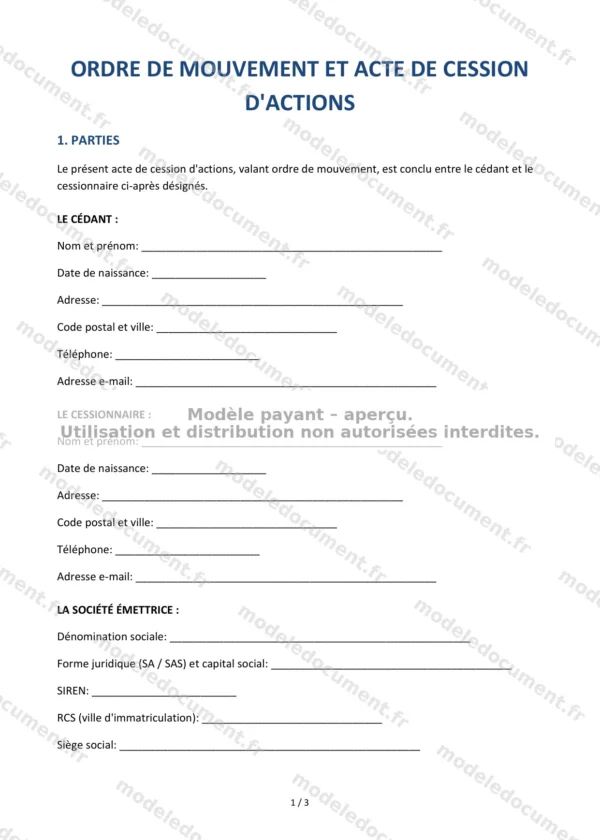 Acte de cession d&rsquo;actions (ordre de mouvement) — Modèle Word & PDF
