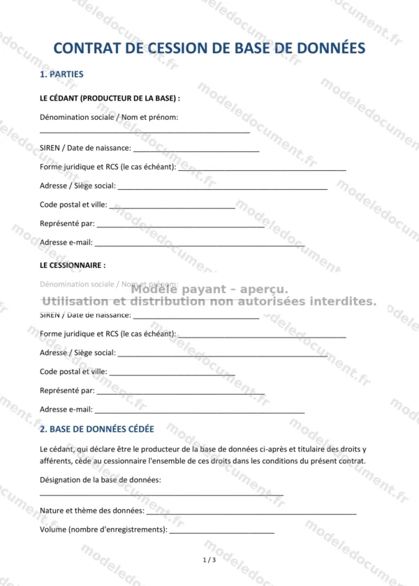 Contrat de cession de base de données — Modèle Word & PDF