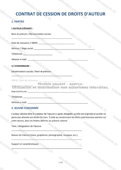 Contrat de cession de droits d'auteur — modèle à télécharger, aperçu de la page 1 sur 4