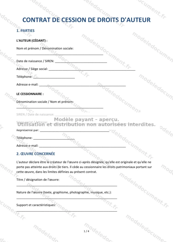 Contrat de cession de droits d&rsquo;auteur — Modèle Word & PDF