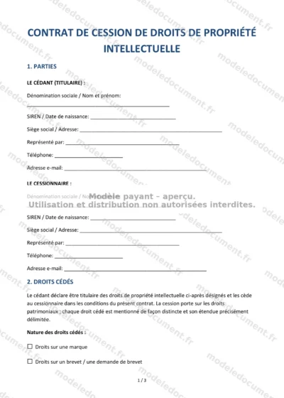 Contrat de cession de droits de propriété intellectuelle — modèle à télécharger, aperçu de la page 1 sur 3