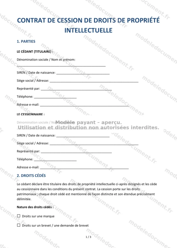 Contrat de cession de droits de propriété intellectuelle — Modèle Word & PDF