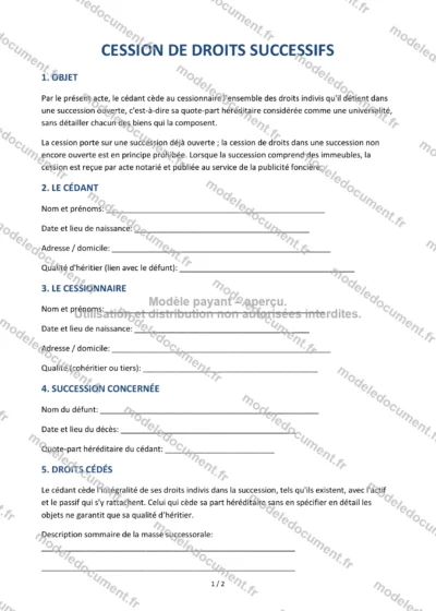 Cession de droits successifs — modèle à télécharger, aperçu de la page 1 sur 2