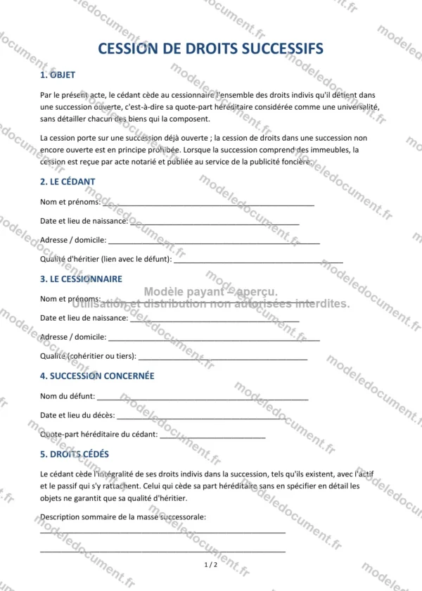 Cession de droits successifs — Modèle Word & PDF