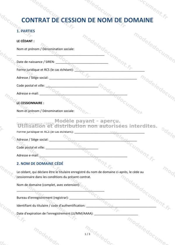 Contrat de cession de nom de domaine — Modèle Word & PDF
