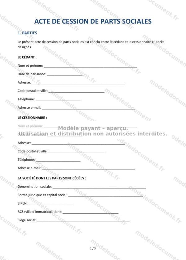 Acte de cession de parts sociales — Modèle Word & PDF