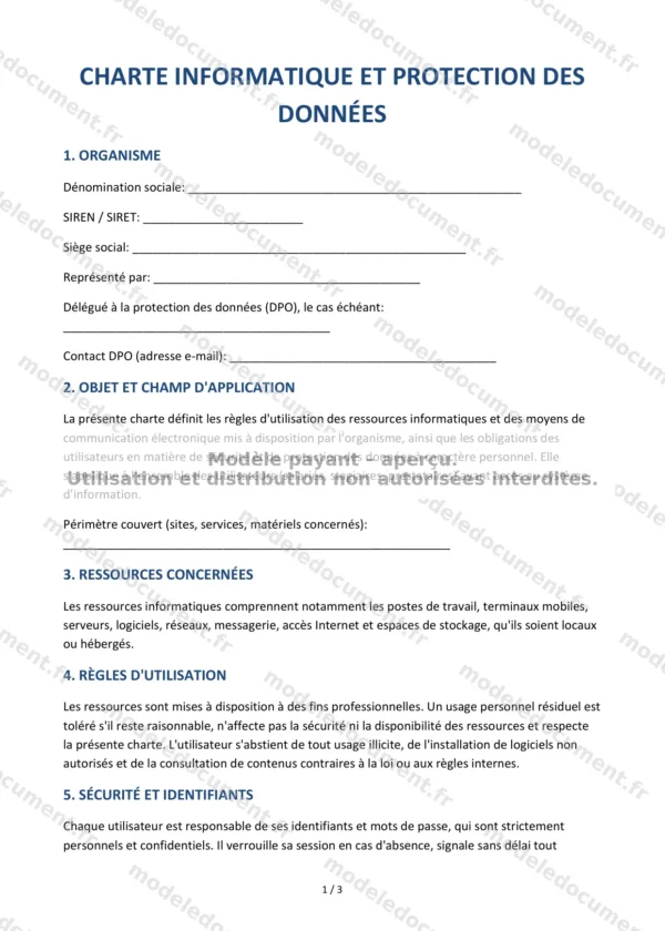 Charte informatique et protection des données (RGPD) — Modèle Word & PDF