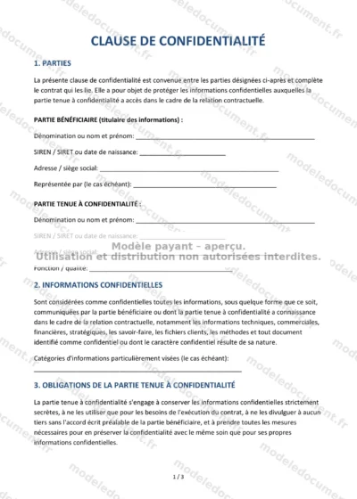 Clause de confidentialité — modèle à télécharger, aperçu de la page 1 sur 3
