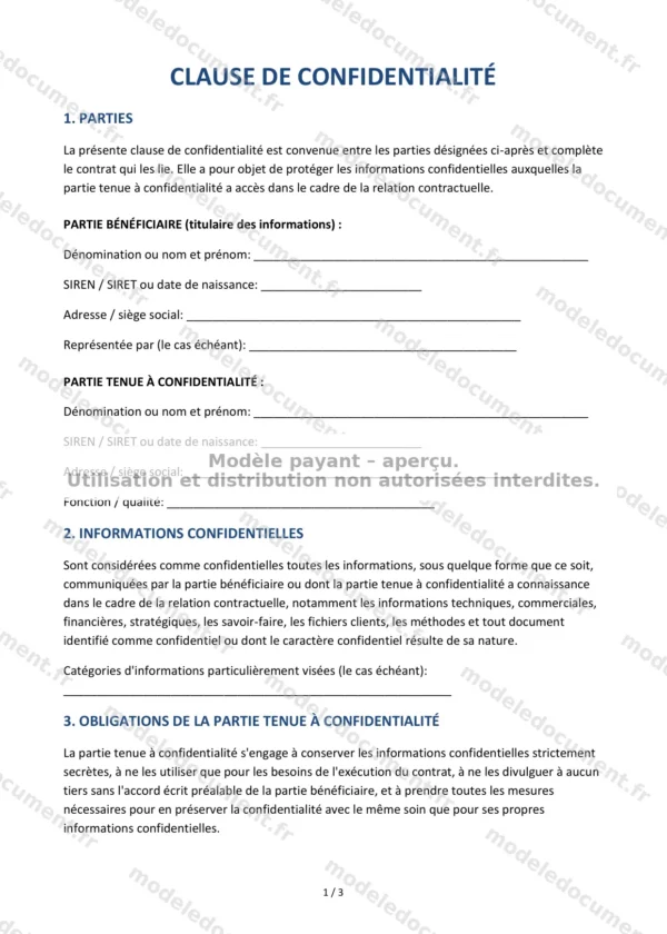 Clause de confidentialité — Modèle Word & PDF