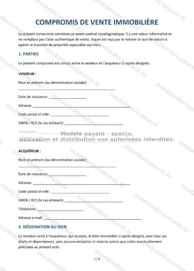Compromis de vente immobilière — modèle à télécharger, aperçu de la page 1 sur 4