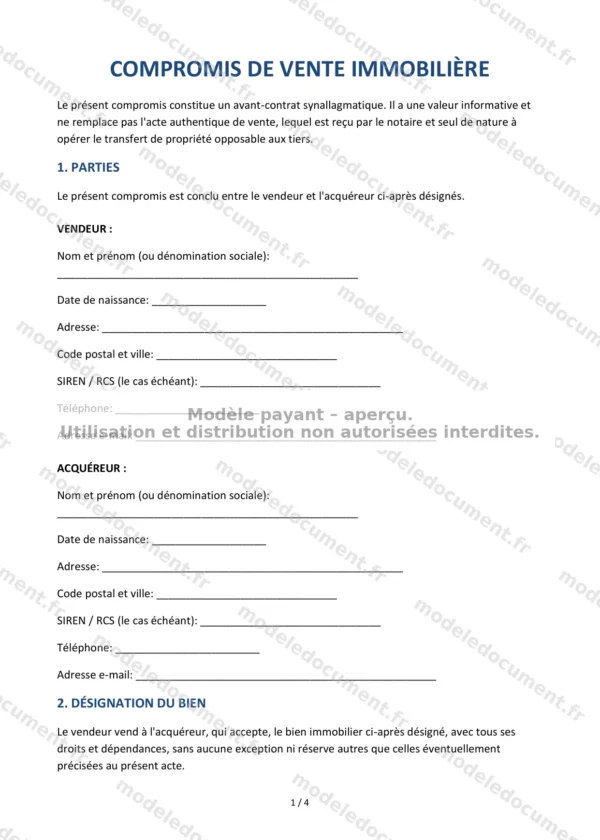 Compromis de vente immobilière — Modèle Word & PDF