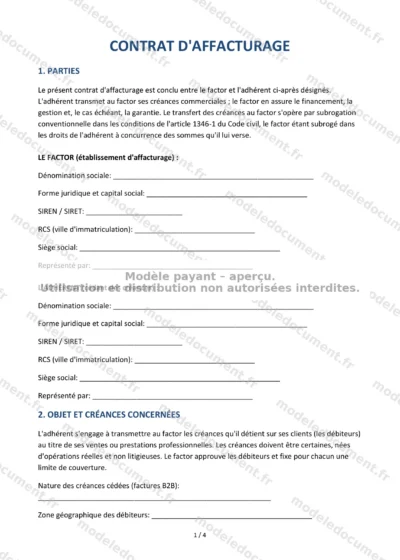 Contrat d'affacturage — modèle à télécharger, aperçu de la page 1 sur 4