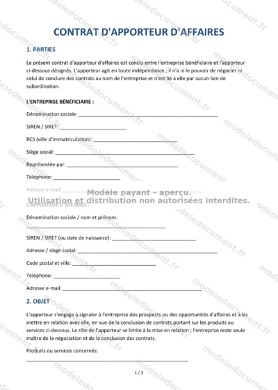 Contrat d'apporteur d'affaires — modèle à télécharger, aperçu de la page 1 sur 3