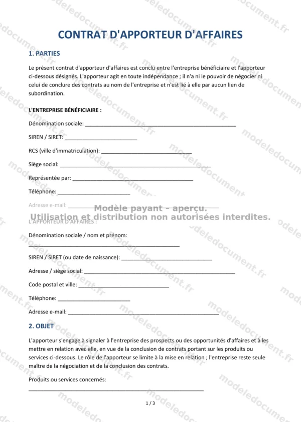 Contrat d&rsquo;apporteur d&rsquo;affaires — Modèle Word & PDF