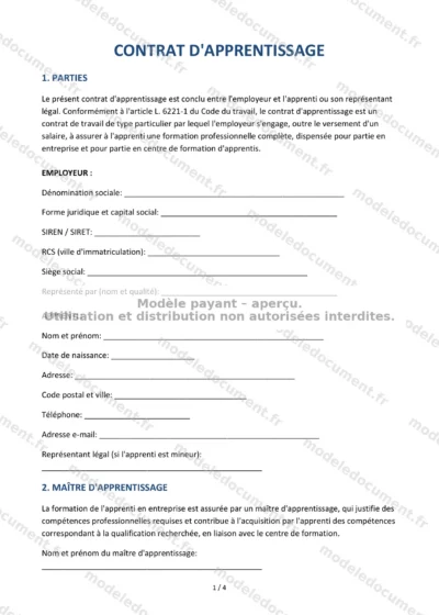 Contrat d'apprentissage — modèle à télécharger, aperçu de la page 1 sur 4