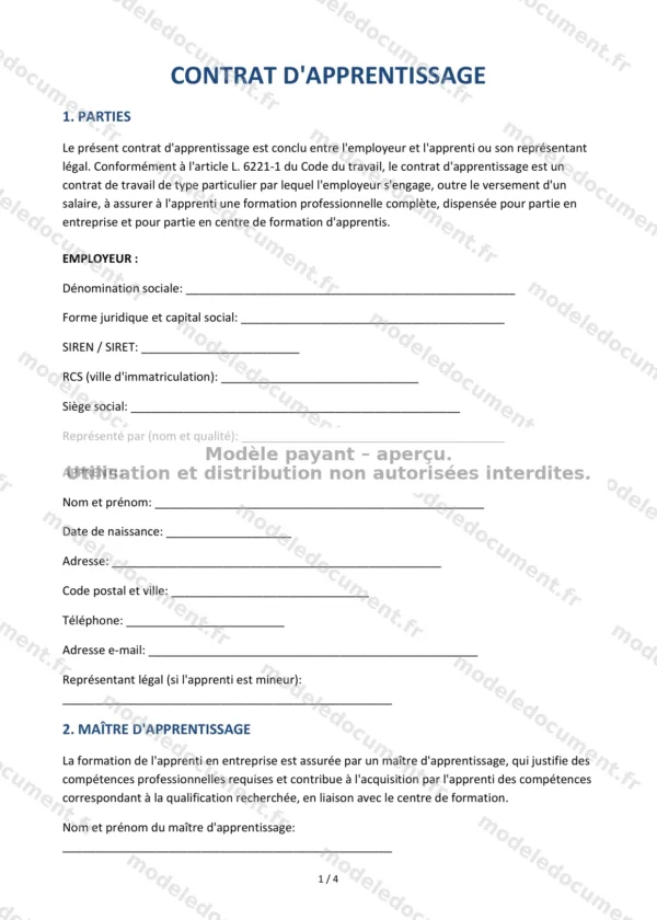Contrat d&rsquo;apprentissage — Modèle Word & PDF