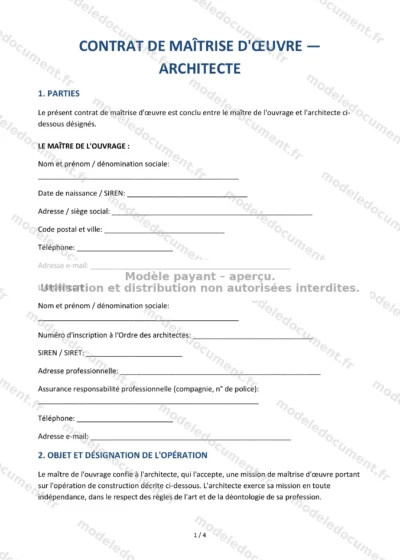Contrat de maîtrise d'œuvre — Architecte — modèle à télécharger, aperçu de la page 1 sur 4