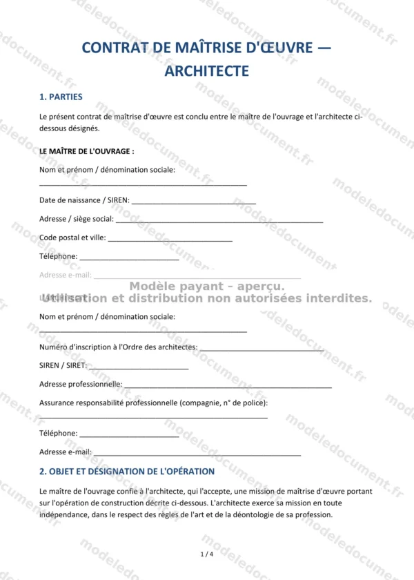 Contrat de maîtrise d&rsquo;œuvre — Architecte — Modèle Word & PDF