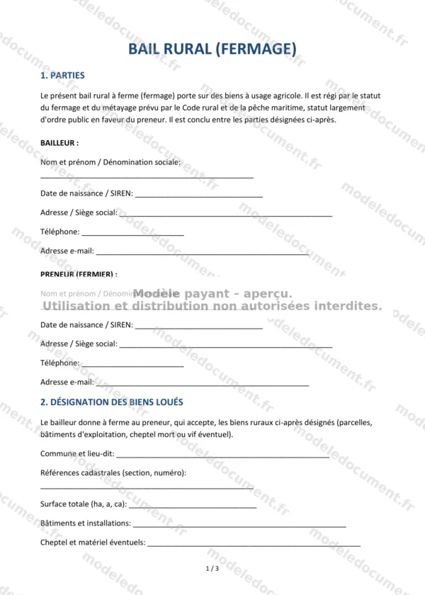 Bail rural (fermage) — Modèle Word & PDF