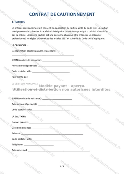 Contrat de cautionnement — modèle à télécharger, aperçu de la page 1 sur 4