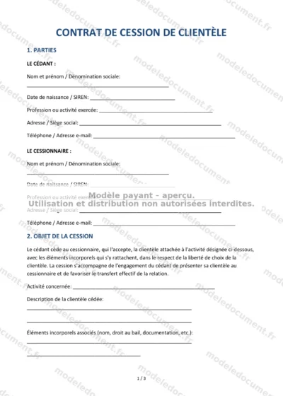 Contrat de cession de clientèle — modèle à télécharger, aperçu de la page 1 sur 3