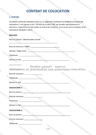 Contrat de colocation — modèle à télécharger, aperçu de la page 1 sur 4