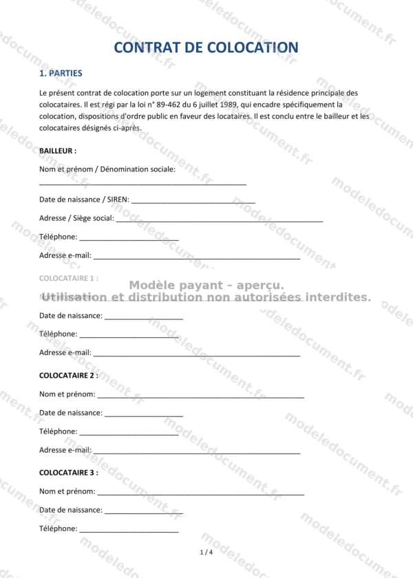 Contrat de colocation — Modèle Word & PDF