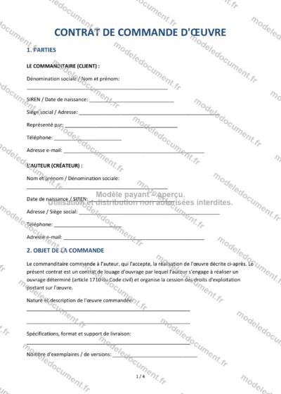 Contrat de commande d'œuvre — modèle à télécharger, aperçu de la page 1 sur 4
