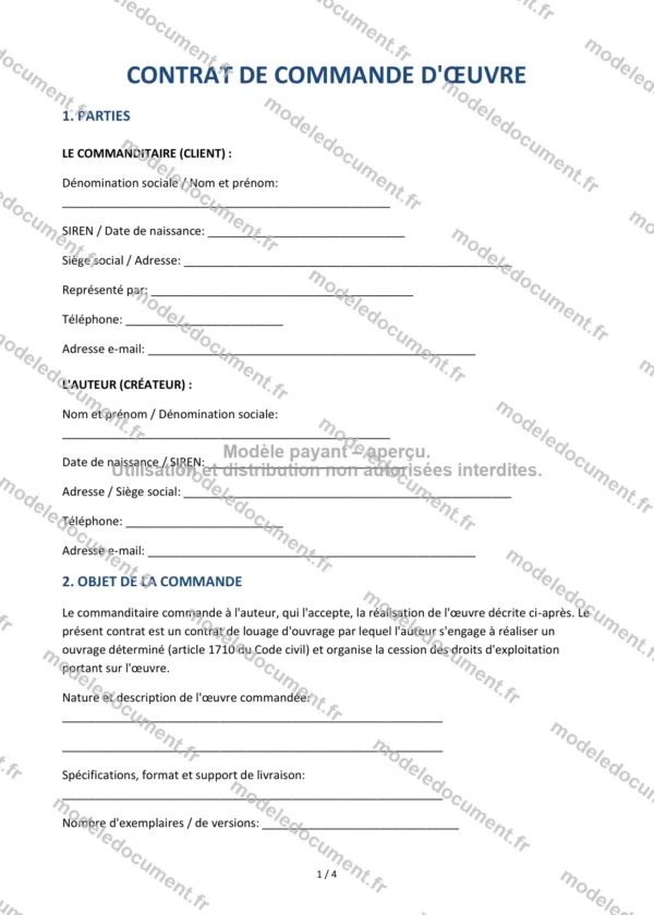 Contrat de commande d&rsquo;œuvre — Modèle Word & PDF