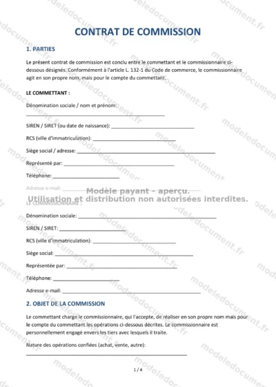 Contrat de commission — modèle à télécharger, aperçu de la page 1 sur 4